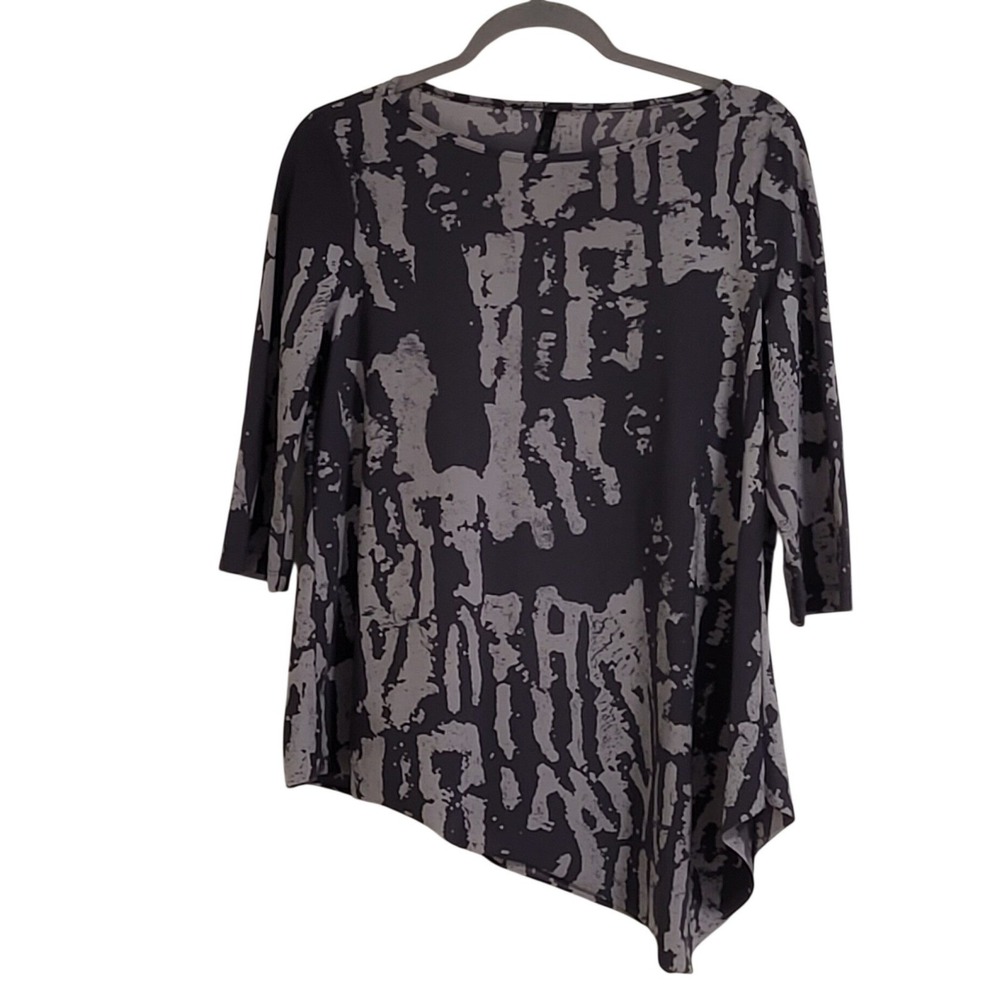 Porto Tunic Top Womens Size 1 Grey Abstract Asymmetrical Hem 3/4 Sleeve USA